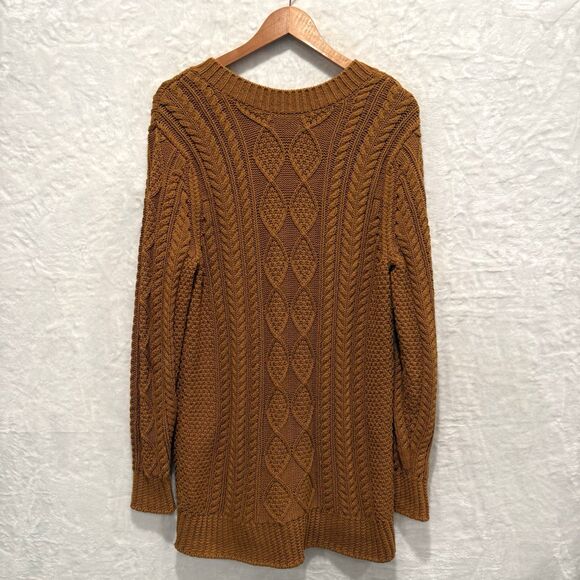 LL Bean Signature Sweater Tunic Fisherman Cable Knit Golden Brown Rust M Cotton - Picture 4 of 8
